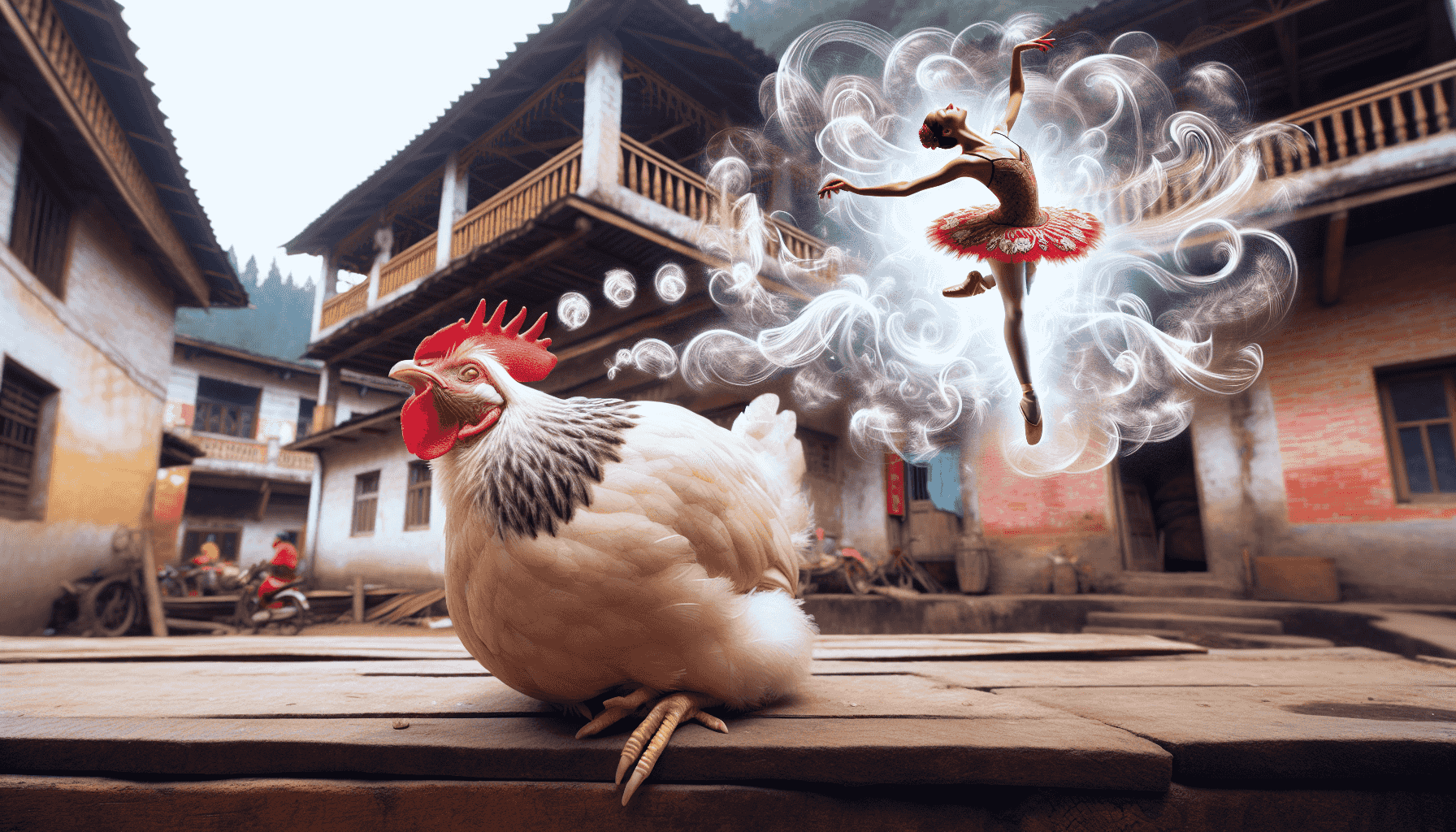 Village scene with dreaming chicken